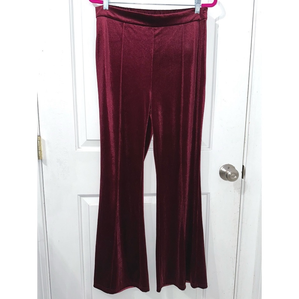 Dark red velvet high waisted flare leg pants